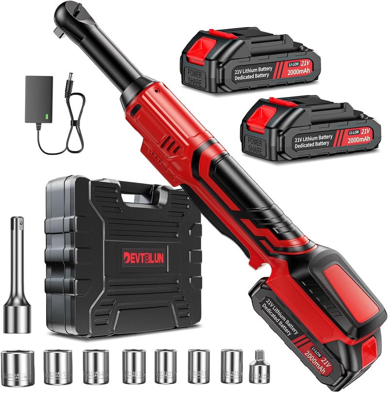 DEVTBLUN 21V Electric Ratchet Wrench Set,60FT-LBS (80N.m) Extended Cordless Ratchet Wrench with 2x 2.0Ah Battery,3/8" 400 RPM Variable Speed Power Ratchet Driver Set with 7 Sockets,1/4 Adaptor, 3"Extension Bar - Image 1